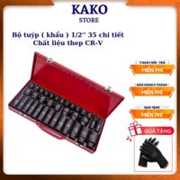 Bộ khẩu vặn ốc, bộ tuýp mở bulong 1/2 inch đen thép chrome vanadium 35 chi tiết, Kako