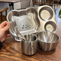 Bộ Khay Ăn Dặm Cho Bé Inox Cao Cấp An Toàn Cho Bé, RK591 Set Khay Ăn Cho Bé Inox 5 Món Chén Dĩa Muỗng