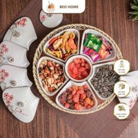 Bộ Khay Mứt, Bộ Đĩa 5 Cánh Hoa Loại 1 Kèm Khay Mây Đựng Bánh Kẹo, Mứt, Đồ ăn Bánh Trôi Bánh Chay Sứ Bát Tràng Cao Cấp