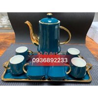 Bộ khay trà sứ xanh cao cấp 6 chén mạ vàng