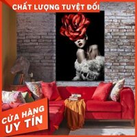 Bộ khung tranh treo tường, Tranh đơn cô gái và hoa hồng đỏ CV032