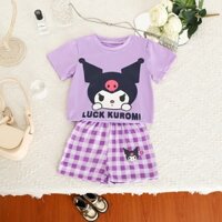 Bộ kuromi Bộ Đồ Mùa Hè 2024 Bé Gái Hoạt Hình Thường Ngày Bộ Quần Short Ca Rô Rời