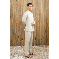 Bộ Lam Đi Chùa, Quần Áo Đi Chùa, Áo Phật Tử Cổ Tàu Linen Bột Thấm Hút thoải mái - Omanda Thiên Quang