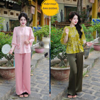 Bộ Lam Lễ Chùa - Pháp Phục Lụa Gấm Đính Cúc Ngọc May Túi Tiền Tay Chuông Tiểu Thư - Mã P78