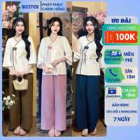 Bộ Lam - Pháp Phục Lễ Chùa Đũi Xước Thái Đính Nơ Thêu Đàn Tỳ Bà Dành Cho Nữ - Mã N8