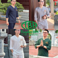 Bộ lam pháp phục nam thêu hoa sen cổ tàu