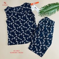 Bộ lanh nhung mặc nhà, set bộ mặc nhà quầ lửng áo sát nách họa tiết hoa Hifa Hoàng Hiền MS: BH25