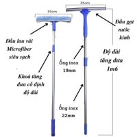 Bộ lau kính đa năng 3-1 tiện dụng gồm cây lau kính inox dài 1m6 đầu lau kính siêu sạch-đầu gạt nước kiếng & móc treo đồ
