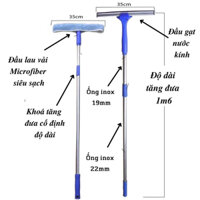 Bộ lau kính đa năng 3 trong 1 gồm cây lau kính inox dài 1m8 đầu lau kính siêu sạch-đầu gạt nước kiếng & móc treo đồ