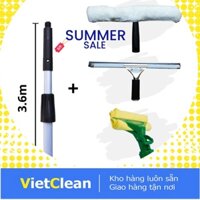 Bộ lau kính nối dài 3.6m VIETCLEAN, gồm 4 SP là bông lau kính, thanh gạt nước, cây kẹp khăn và cây lau kính