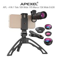 Bộ lens, ống kính đa năng cho điện thoại Apexel 4in1 tele 18x, macro, mắt cá, góc rộng - Tặng kèm giá đỡ