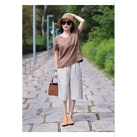 Bộ linen áo cổ tim tay ngắn quần kem muối tiêu sz S đến XL (45-63kg)