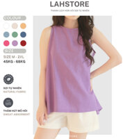 Bộ linen nữ LAHSTORE áo sát nách dáng yếm lưng xẻ sau cúc gỗ & quần short lưng thun trắng (Tím)