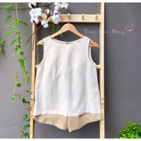 Bộ linen nữ Tiệm Quả Bông Áo sát nách form rộng & quần cộc lưng thun thiết kế trẻ trung
