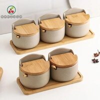 Bộ lọ gia vị gốm sứ ERZAP, Nắp tre Hộp đựng gia vị khay gỗ, Thìa phục vụ chống bụi cao cấp chống ẩm chống ẩm Bộ đếm gia vị nhà bếp