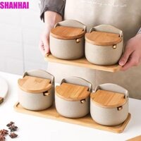 Bộ lọ gia vị gốm sứ SHANAI, Hộp đựng gia vị có nắp tre, Khay gỗ chống bụi cao cấp Hộp đựng gia vị nhà bếp chống ẩm Hộp đựng gia vị nhà bếp