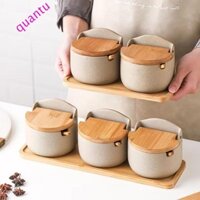 Bộ lọ gia vị gốm sứ QUÂNTUMFLOW, Nắp tre Hộp đựng gia vị chống bụi, Khay gỗ đa chức năng Muỗng phục vụ Hộp đựng gia vị nhà bếp chống trượt Hộ gia đình
