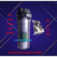 Bộ lọc nước 1 cấp: Cốc ren 21 có kèm lõi lọc và giá INOX treo tường