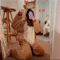 Bộ lông cừu hình gấu thêu mặt liền thân chất lông dày dặn siêu ấm áp cho mùa đông không lạnh