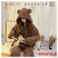 Bộ lông cừu tai gấu mũ siêu to ấm áp mùa đông không lạnh, Sét bộ đồ ngủ nữ lông mền mịn sang chảnh, Bộ lông hoodies nữ
