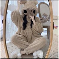 Bộ Lông Mặc Nhà Nam Nữ Đắp Cổ cúc cài mũ tai gấu Hàng Cao Cấp Dày Mền Mịn Ấm Đáng Yêu Phong Cách Hàn Quốc