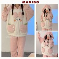 Bộ lông màu hồng túi quả đào 2 bên có mũ gắn tai thỏ - Set quần áo pyjama mặc nhà đáng yêu - MAGIDO BL70
