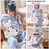 Bộ lông mịn màu cực xinh thêu gấu hi, Đồ bộ mặc nhà mùa đông ấm áp dễ thương - KHOSI