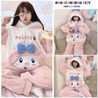 Bộ lông thỏ hồng mũ tai dài gắn nơ xanh cực đẹp, Đồ bộ thu đông mềm mượt ấm áp - KHOSI