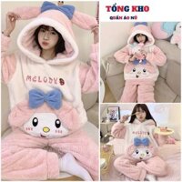 Bộ lồng thỏ nơ xanh xinh xắn kute, Đồ pijama hồng đáng yêu mùa đông ấm áp - TONGKHO