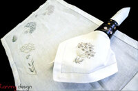 Bộ lót đĩa và khăn ăn linen thêu hoa cẩm tú cầu - vải trắng thêu xanh