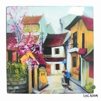 Bộ lót ly (lót cốc) sơn mài 6 chiếc có hộp đựng họa tiết Phố cổ - sản phẩm thủ công mỹ nghệ truyền thống Việt Nam