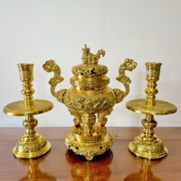 Bộ Lư Đỉnh Đồng Cao 40cm ,Chân Đèn Cao 33cm