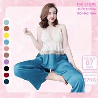 Bộ Lụa 2 Dây Sexy Nhistore Quần Dài Ống Suông Cúp Ngực Phối Ren Freesize Dưới 57kg