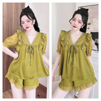 Bộ Lụa Nữ Trúc My bigsize < 65kg, Bộ Mặc Nhà vải lụa Latin trơn phối voan chiffon, viền ren, đính nơ