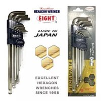 Bộ lục giác EIGHT Nhật TLS-9N Gồm 9 cỡ lục giác đầu bi chữ L với đầu dài là đầu bi, có kích thước từ 1.5 đến 10mm