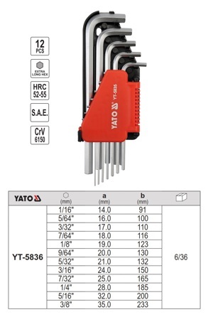 Bộ lục giác hệ inch Yato YT-5836, 12 chi tiết