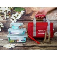 Bộ Lunchset  thủy tinh cường lực GLASSLOCK  chia ngăn 1000ml + 490ml + 150ml kèm túi giữ nhiệt