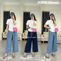 BÒ LỬNG - Quần Jean Bò Nữ Dáng Lửng In Chấm Bi,Quần Ống Rộng Cạp Chun Chất Bò Mềm Hàng L1 JUDIE.Closet