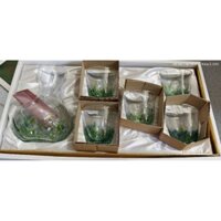 bộ ly thủy tinh 1 bình 5 cốc hoa lá xanh Nhật Bản siêu đẹp mới hộp