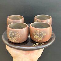 Bộ ly uống trà cao cấp tử sa nê hưng khắc mai lan cúc trúc 65ml CNH32