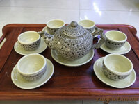 Bộ ly uống trà men hỏa biến hắc châu bảo dáng táo