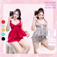 Bộ Mặc Nhà -Bộ Ngủ Sexy Áo Hai Dây Quần Ngắn Phối Ren Vai Bèo Cánh Tiên Freesize Dưới 57kg