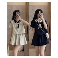 Bộ Mặc Nhà ,Đi Chơi Chân Váy Quần - Đầm Xếp Có Lót Trong - Áo Thuỷ Thủ Kiểu Lửng Croptop Top Đen - Kem Cho Nữ - Women