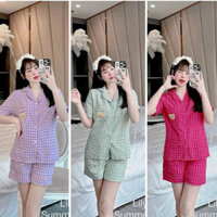 Bộ mặc nhà, đồ ngủ pyjama Nữ đùi cộc thêu gấu vải thô kẻ caro mềm nhẹ mát