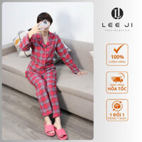 Bộ Mặc Nhà Kẻ Caro Đỏ Sọc Đen Trắng, Pijama Nữ Dài Tay Chất Liệu Thô Phối Sợi Kim Tuyến Mềm Mịn Thấm Hút Mồ Hôi - DKT35