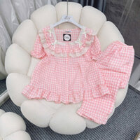 Bộ mặc nhà kẻ carô phối nơ ren tiểu thư . Chất đũi mềm Free size 46-60kg