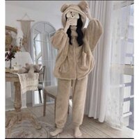 Bộ Mặc Nhà nam nữ Lông Cừu đắp cổ Hàng Cao Cấp, Bộ Ngủ Lông Gấu Túi Trước Đáng Yêu