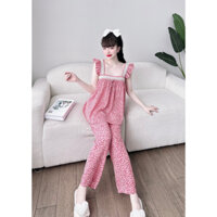 Bộ Mặc Nhà Nữ Nhistore Áo Babydoll Tay Cánh Tiên Phối Quần Dài Lưng Thun