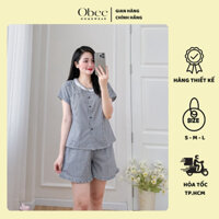 Bộ mặc nhà nữ Obee Homewear Bộ ngủ sọc caro cổ tròn phối ren, quần đùi tay ngắn