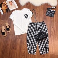 Bộ mặc nhà vnxk áo cotton quần kẻ caro
